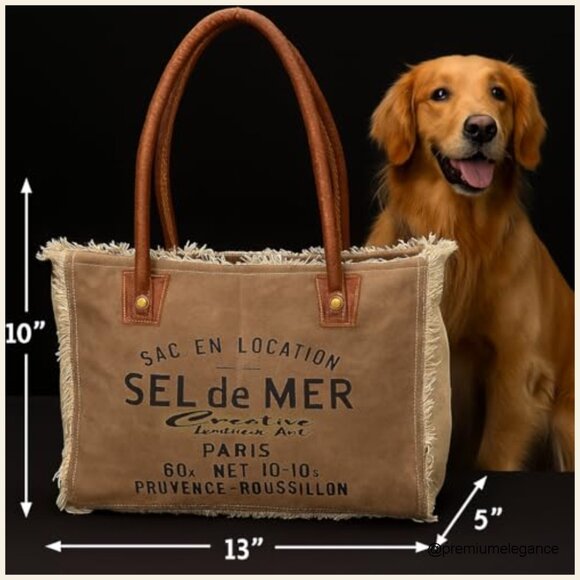 Canvas Tote Bag with Leather Handles, Spacious 44L Capacity, Zipper Closure - Picture 4 of 7